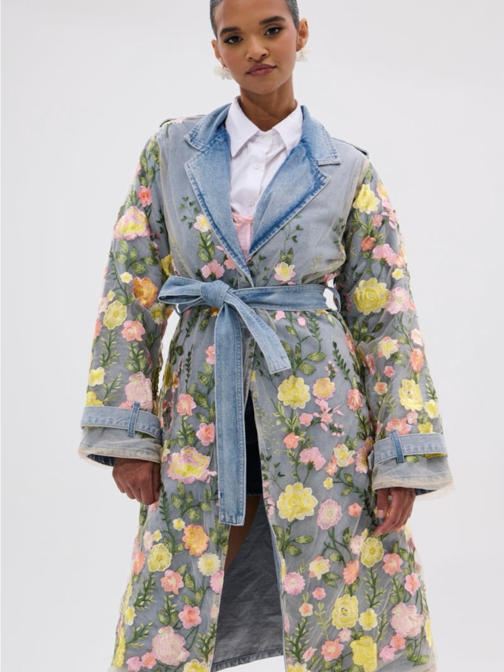 Floral Embroidered Denim Trench - Gray with Pastel Flowers